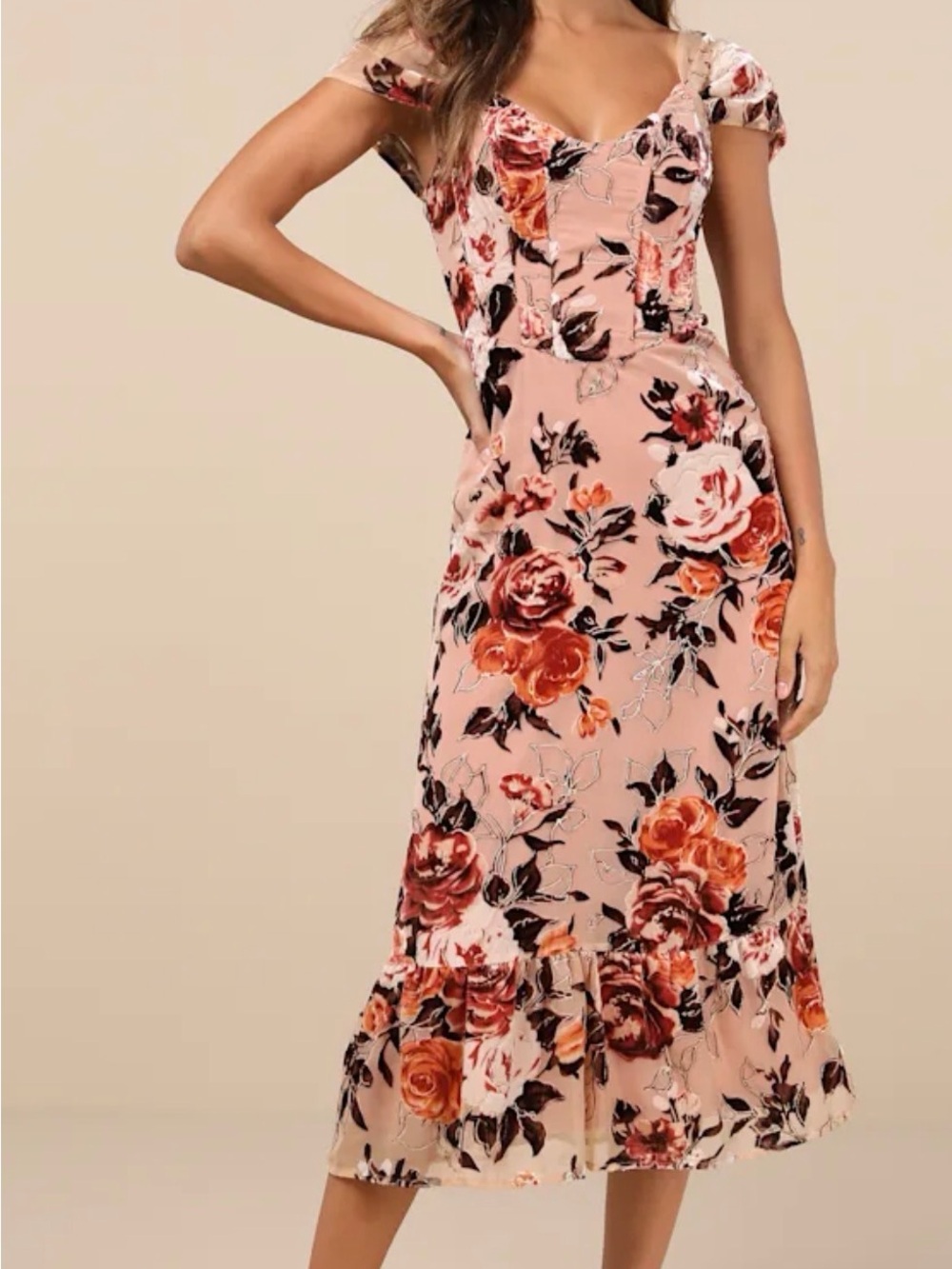 Lulus Women Composed Beauty Burnout Velvet Floral Midi Dress Nude Corset XS New